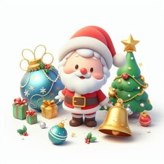 Illustration of a 3D Santa Claus, Christmas ornaments and gifts on white background, cute animation style 4