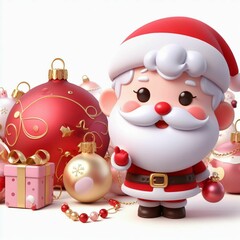 Illustration of a 3D Santa Claus, Christmas ornaments and gifts on white background, cute animation style 3