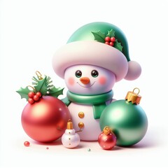 Illustration of snowman Christmas ornaments and gifts on white background, cute animation style 3