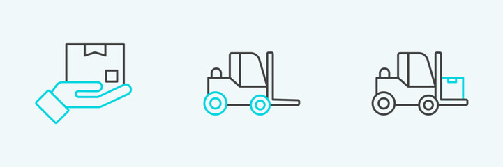 Set line Forklift truck, Delivery hand with box and icon. Vector