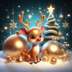Illustration of a 3D red-nosed reindeer, Christmas decorations in the snow, cute animation style, sparkling snow and sparkling stars 2