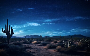 Starlit desert landscape with cactus silhouettes at night