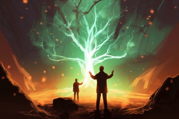 Digital illustration painting design style 3 men with magic ceremony, against glowing tree, Generative AI