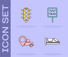 Fototapeta premium Set High-speed train, Traffic light, Location with taxi and Road sign for stand icon. Vector