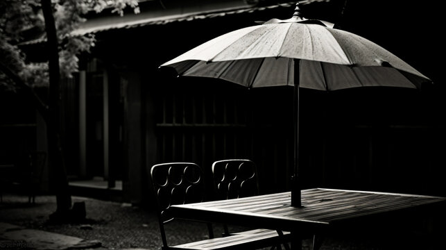 A black and white photo of an umbrella on a table.