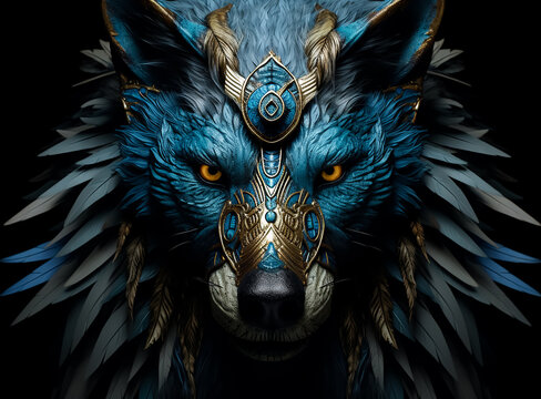 Fantasy wild wolf animal, head in Feathers, blue and gold feathers and fur, angry look