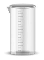 Plastic or glass measure jug. Realistic glass cup with measurement scale for volume isolated. Container for cooking or chemicals. Vector icon