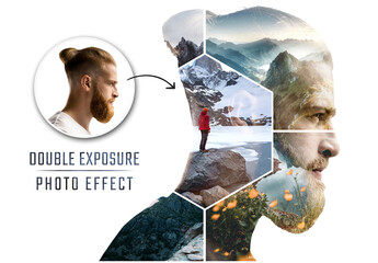 Double Exposure Photo Collage Hexagon Effect Mockup