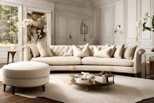 Craft a visually stunning Ivory Color Sofa image, showcasing its timeless beauty in a sophisticated interior. 