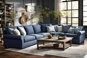 Capture the essence of denim in a denim sofa scene, emphasizing its casual yet stylish look. 