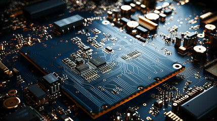 Electronic circuit board close-up with microchips and electronic components. Technology background. Generative AI technology