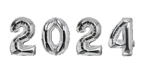 Number 2024 of silver balloons. Isolate on white background. New years concept