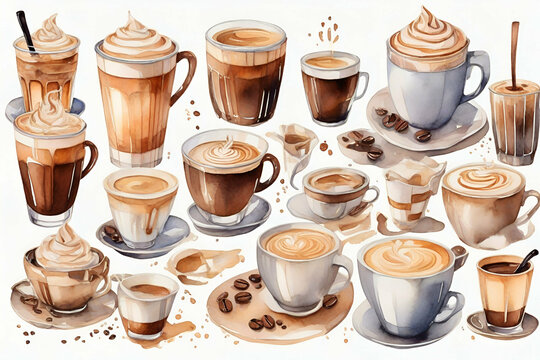 Hand drawn watercolor coffee cups, americano, cappuccino, flat white, espresso, cafe latte on white background