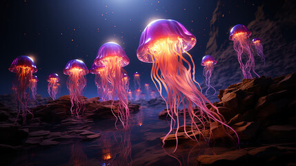 Group of Neon Glowing Transparent Jellyfish in The Sea Blurry Background