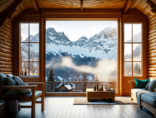 mountain hut in the mountains and its interior