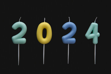 Colored numbers of year 2024 made from candles on black background. Holiday background Happy New Year 2024. Celebrating New Year