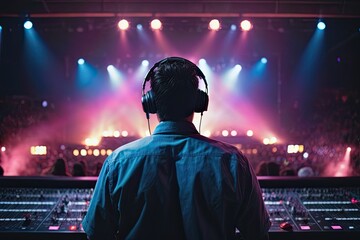 Vibrant exposure of DJ Concert, Backshot of soundboard player with neon lights