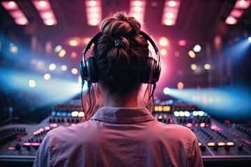Vibrant exposure of DJ Concert, Backshot of soundboard player with neon lights