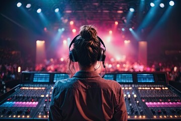 Vibrant exposure of DJ Concert, Backshot of soundboard player with neon lights