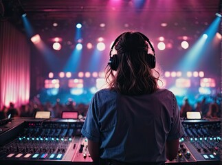 Vibrant exposure of DJ Concert, Backshot of soundboard player with neon lights