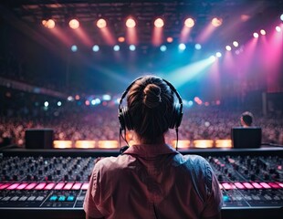 Vibrant exposure of DJ Concert, Backshot of soundboard player with neon lights