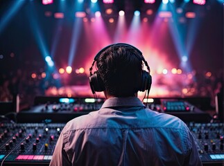 Vibrant exposure of DJ Concert, Backshot of soundboard player with neon lights