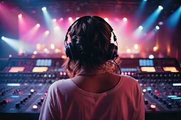 Vibrant exposure of DJ Concert, Backshot of soundboard player with neon lights
