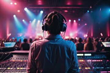 Vibrant exposure of DJ Concert, Backshot of soundboard player with neon lights