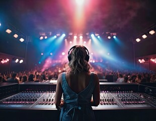 Vibrant exposure of DJ Concert, Backshot of soundboard player with neon lights