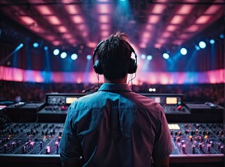 Vibrant exposure of DJ Concert, Backshot of soundboard player with neon lights