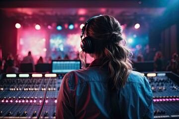 Vibrant exposure of DJ Concert, Backshot of soundboard player with neon lights