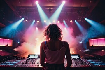 Vibrant exposure of DJ Concert, Backshot of soundboard player with neon lights