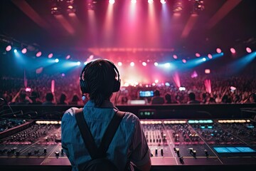 Vibrant exposure of DJ Concert, Backshot of soundboard player with neon lights