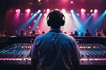 Vibrant exposure of DJ Concert, Backshot of soundboard player with neon lights