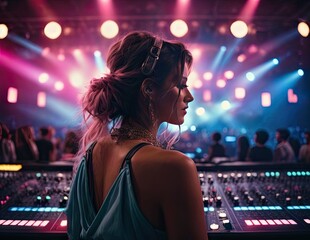 Vibrant exposure of DJ Concert, Backshot of soundboard player with neon lights