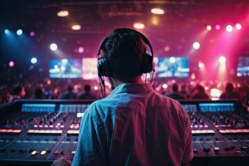 Vibrant exposure of DJ Concert, Backshot of soundboard player with neon lights