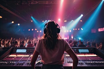 Vibrant exposure of DJ Concert, Backshot of soundboard player with neon lights