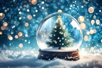 Fototapeta na wymiar Shiny Christmas Tree In Snow Globe sky color bokeh background. Banner. 