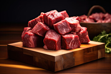 raw cubed meat on a wooden board - obrazy, fototapety, plakaty