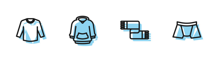 Set line Winter scarf, Sweater, Hoodie and Men underpants icon. Vector