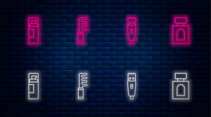 Set line Hairbrush, clipper, Shaving gel foam and Aftershave. Glowing neon icon on brick wall. Vector