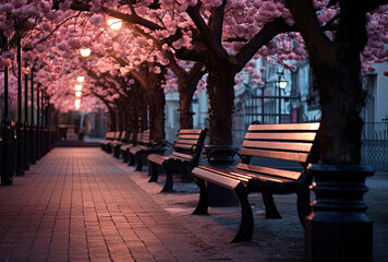 Fototapeta na wymiar a bench in the middle of a sidewalk covered in pink blossoms