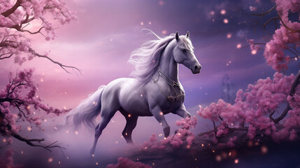 Fantasy horse with purple and violet flowers. Beautiful background. Large format.