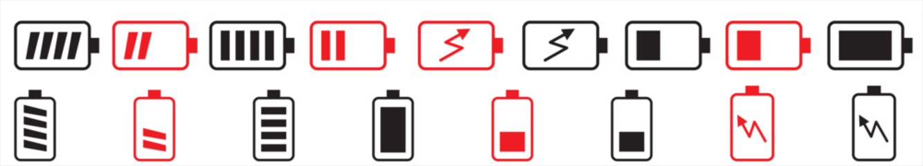 Battery icon set. battery charge level. battery Charging icon.Battery GSM icon set. Isolated black smartphone battery level indicator icons on white background. Concept power, energy, low , full, empl