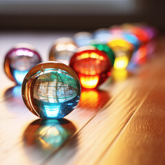 a row of colorful glass marbles sitting on a table