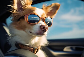a dog is wearing sunglasses and the light is light white and amber as it looks out of the window