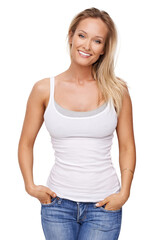 Obraz premium Happy, studio portrait and woman with fashion, casual wear and trendy apparel t shirt, tank top and cotton fabric clothes. Beautiful girl, denim jeans and aesthetic model outfit on white background