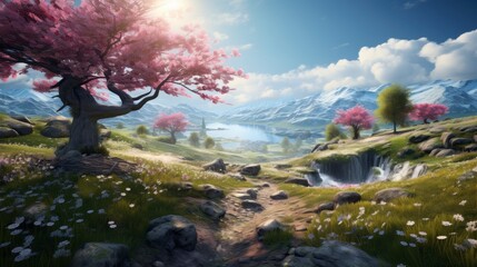 Obraz na płótnie Canvas beautiful japanese landscape with cherry blossom tree, pink tree and green grass