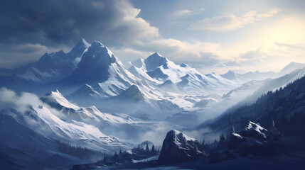 Landscape with snow and clouds. Snow covered mountain