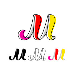 Colorful curvy letter M, handwritten script alphabet, cursive calligraphy typeface, vector hand-drawn typeface isolated on a white background.
